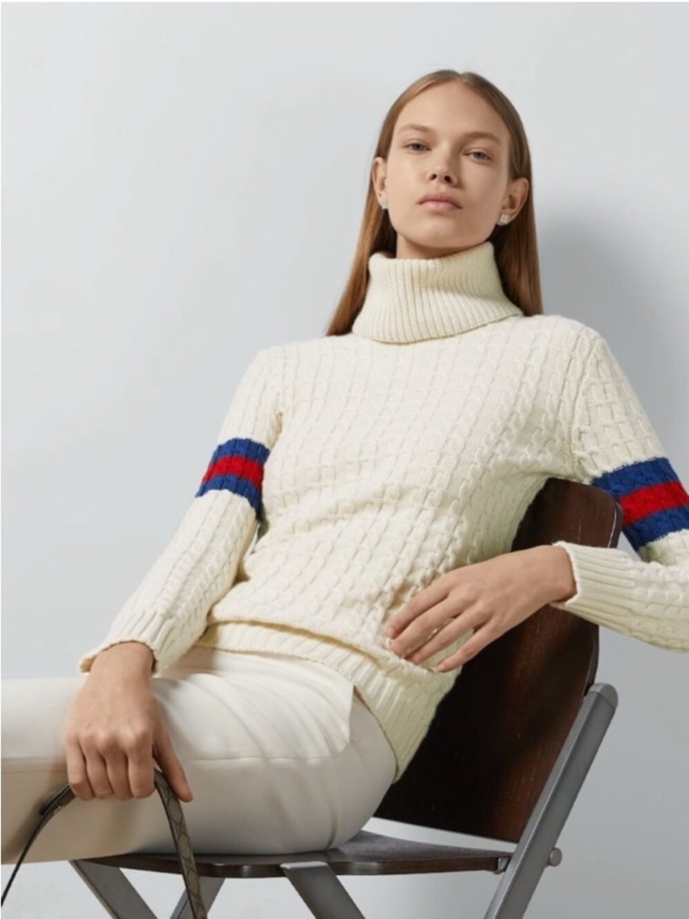 Gucci Cream Cable-Knit Turtleneck Sweater w Blue/Red Sleeve Stripes New w tag!